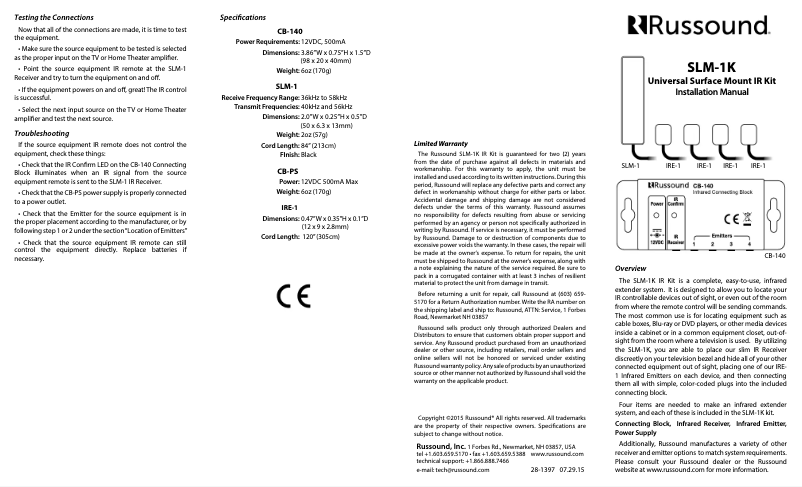 Page n°1 - Manuel utilisateur Russound SLM-1K