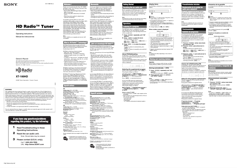 Page 1 de la notice Manuel utilisateur Sony XT-100HD