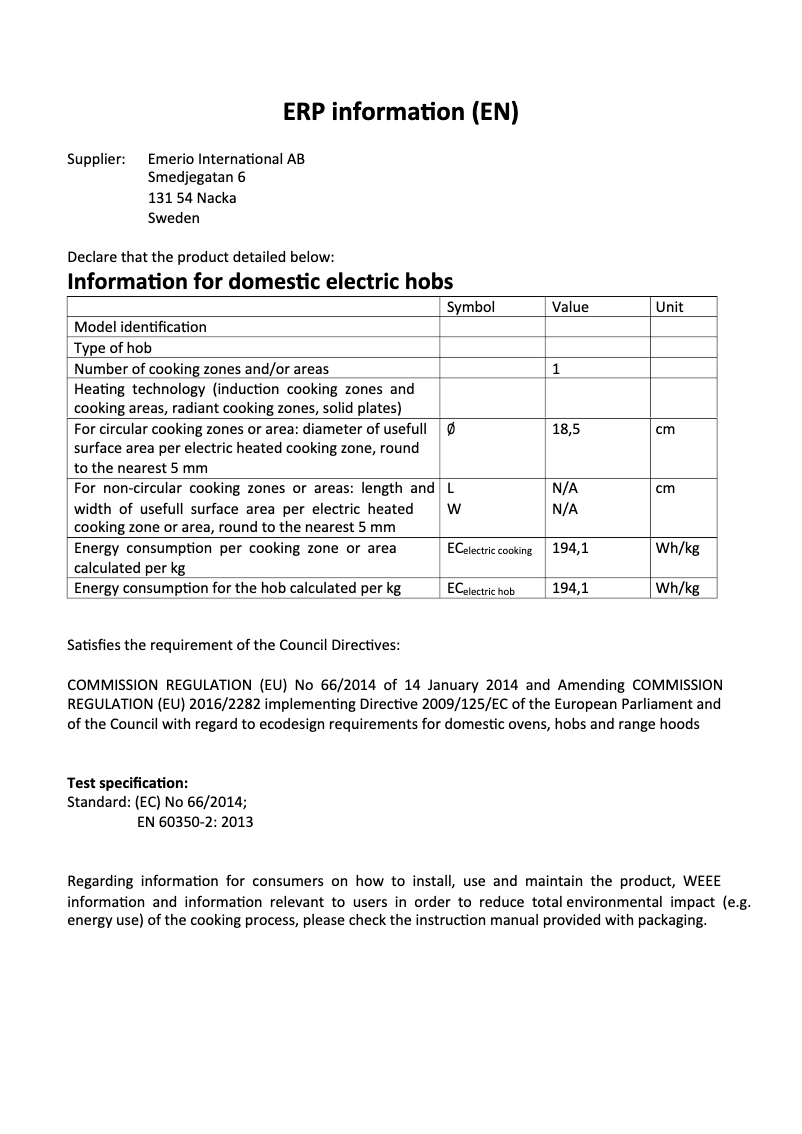 Page 1 de la notice Fiche technique Emerio HP-109089.4
