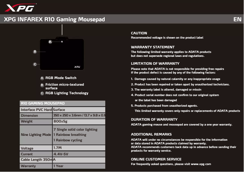 Página 1 del manual Manual de usuario ADATA XPG INFAREX R10