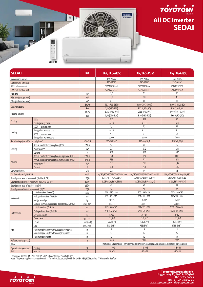 Page 1 de la notice Fiche technique Toyotomi TAN/TAG-A13SC