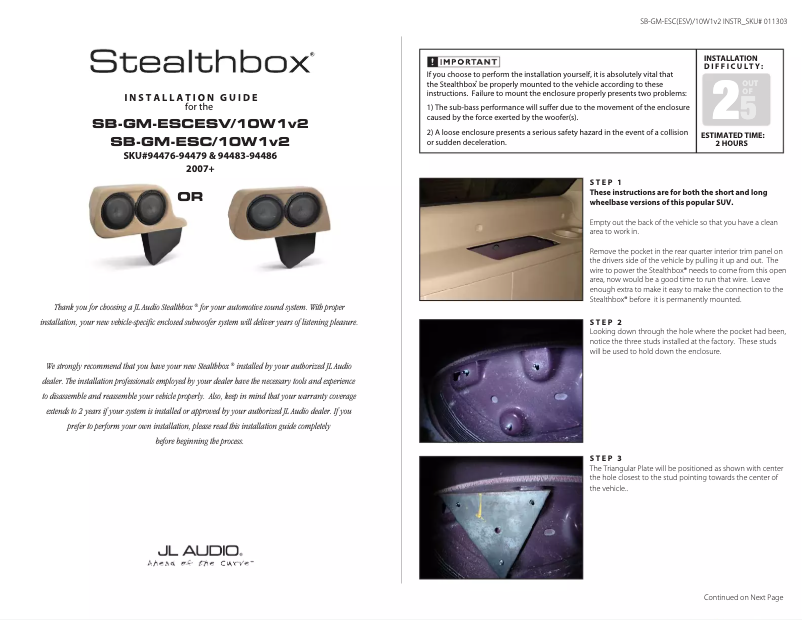 Página 1 del manual Guía de instalación JL Audio Stealthbox SB-GM-ESC/10W1v3/DG