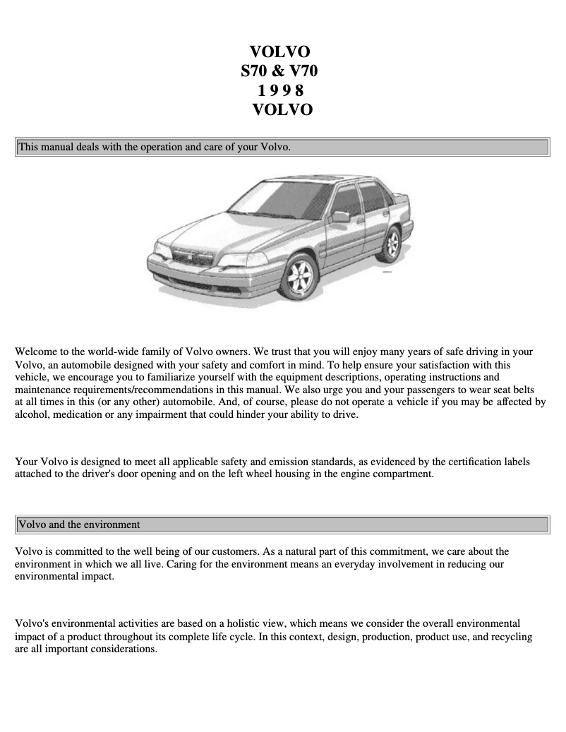 Page 1 de la notice Manuel utilisateur Volvo V70 (1998)