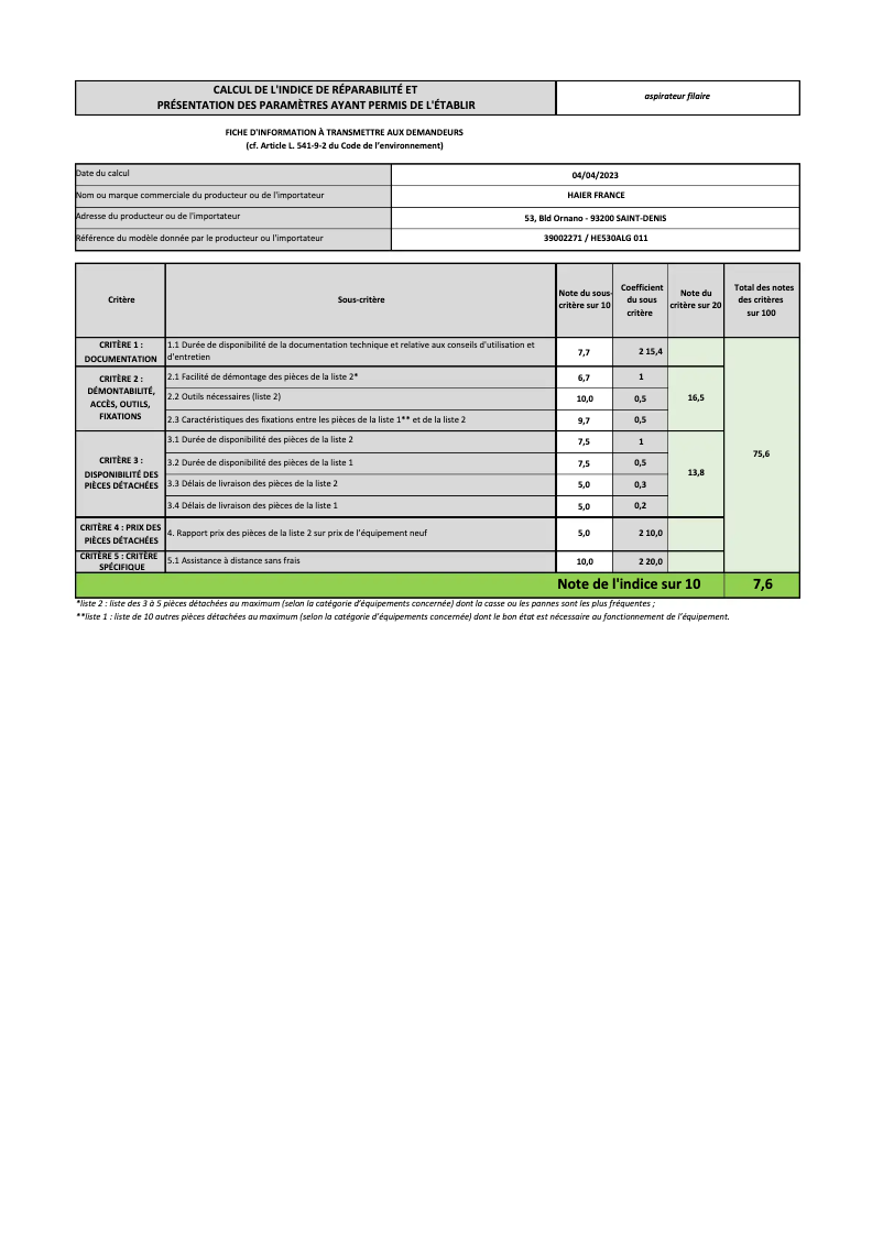 Page 1 de la notice Manuel utilisateur Hoover H-ENERGY 500 HE530ALG 011