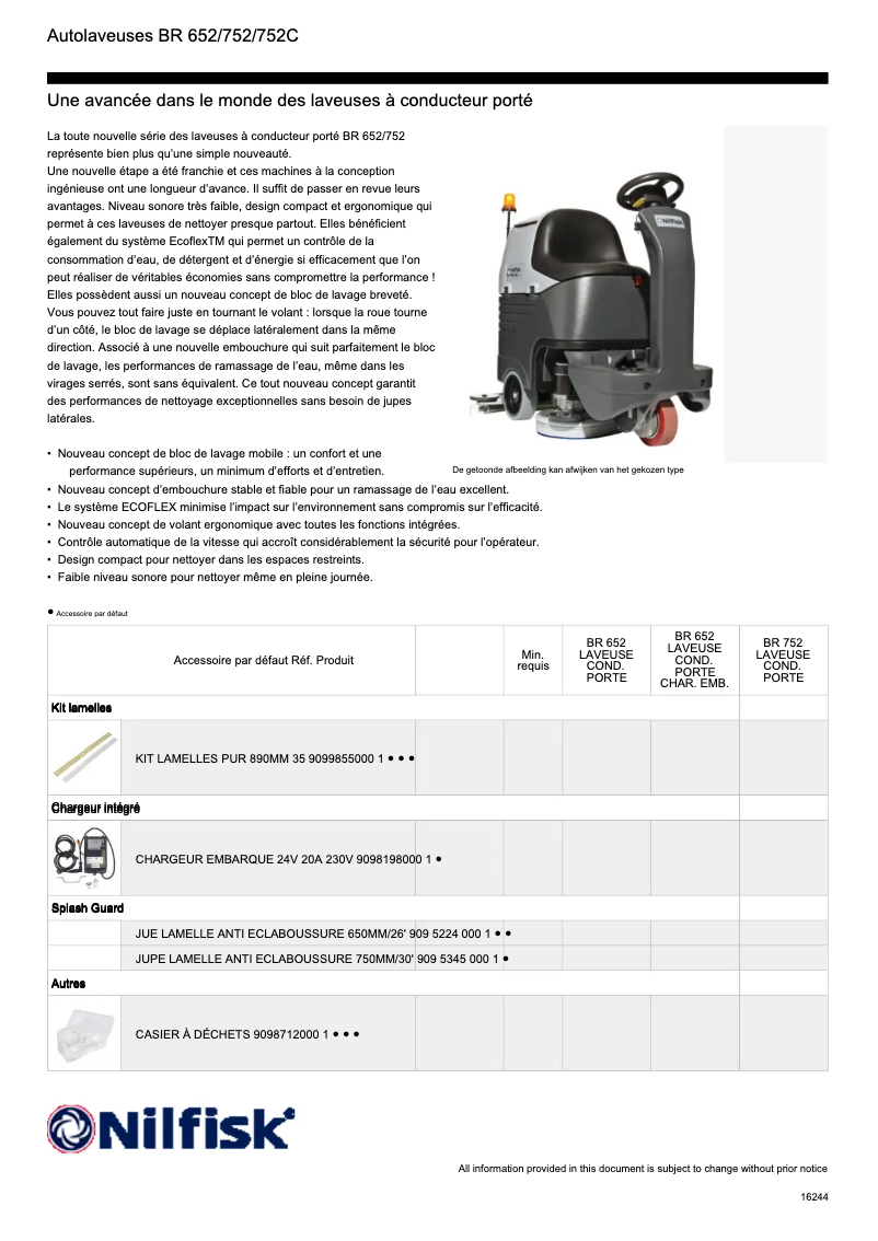 Page 1 de la notice Fiche technique Nilfisk BR652