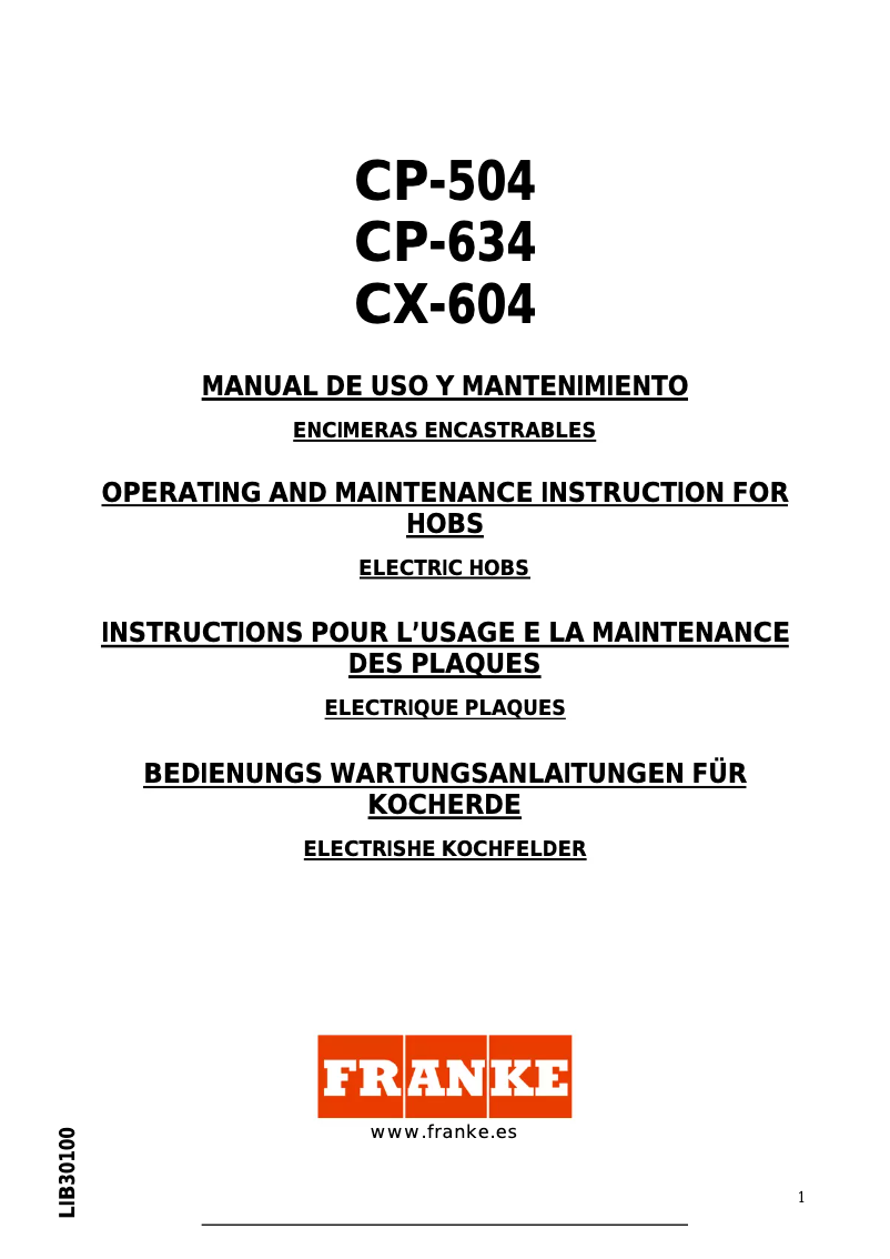 Page n°1 - Manuel utilisateur Franke CX 604