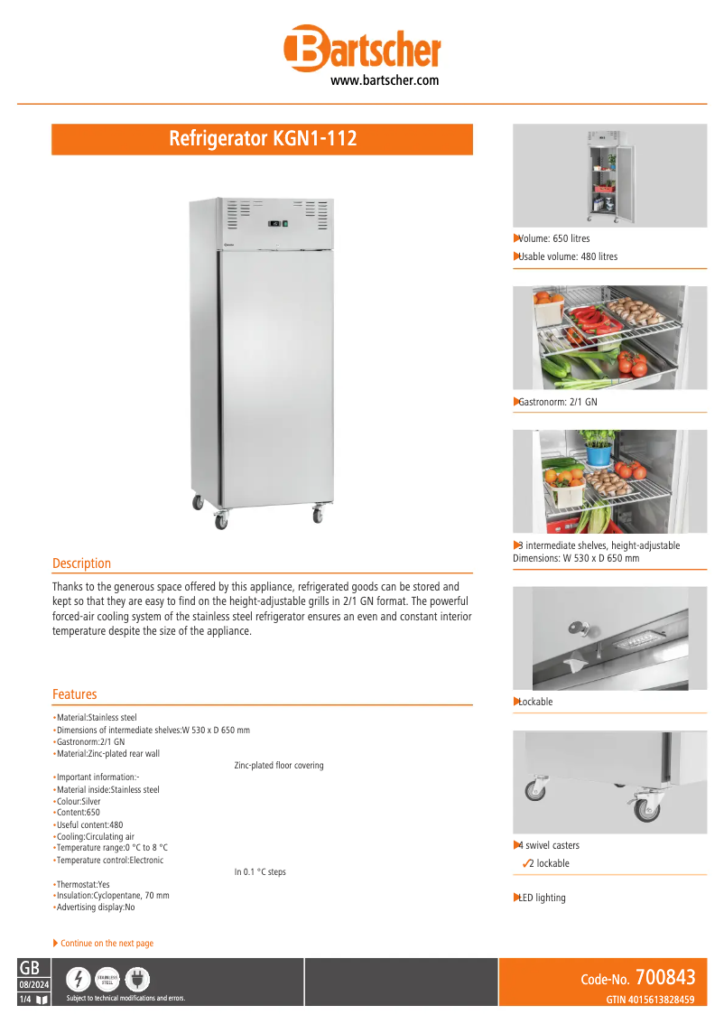 Page 1 de la notice Fiche technique Bartscher KGN1-112