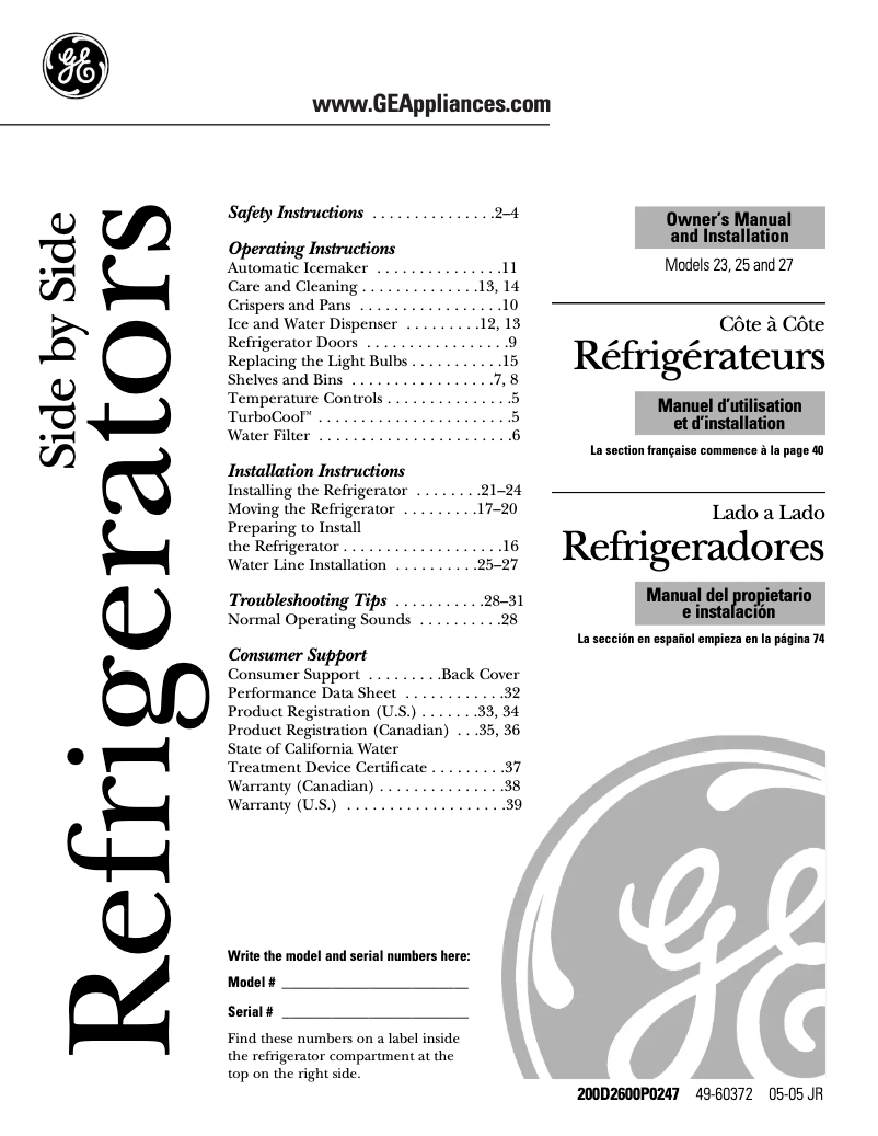 Page 1 de la notice Guide d'installation GE GSS25LGPCC