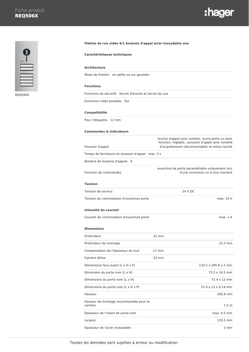 Page n°1 - Fiche technique Hager REQ506X