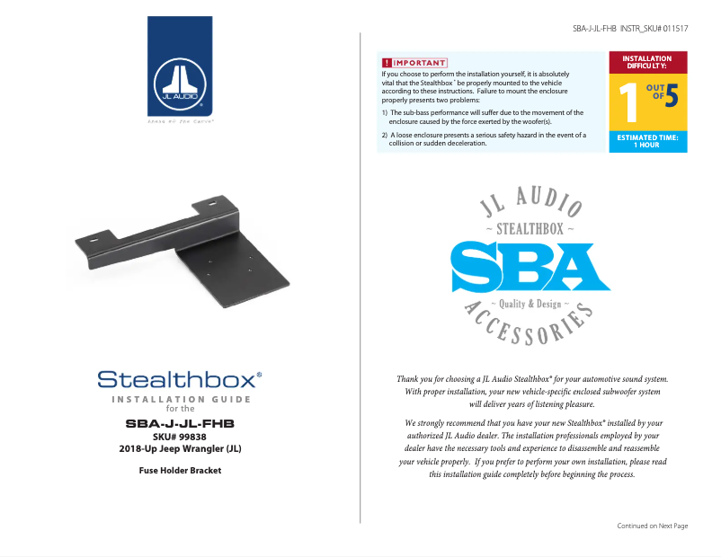 First page image of the manual for SBA-J-JL-FHB