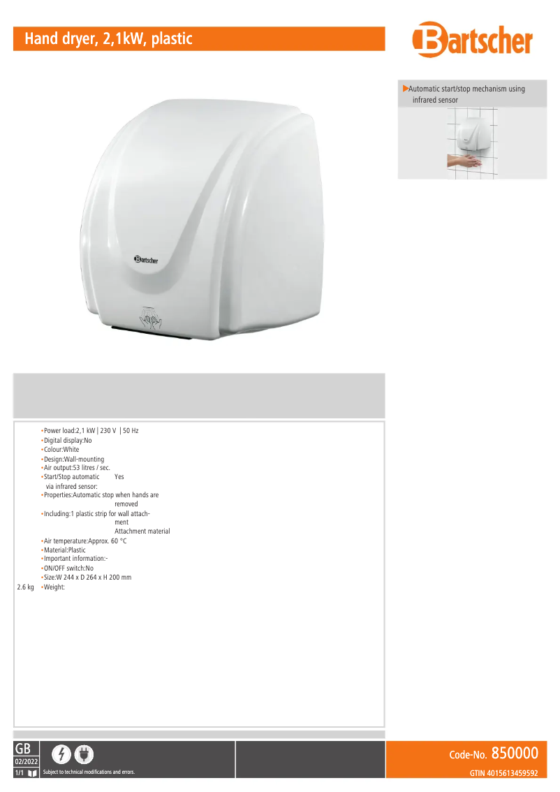 Page 1 de la notice Fiche technique Bartscher SC-AKX14EG