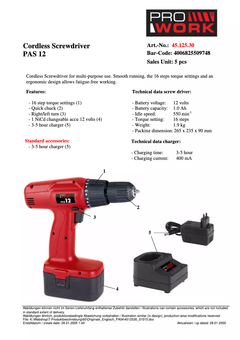 Page 1 de la notice Manuel utilisateur Prowork PAS 12