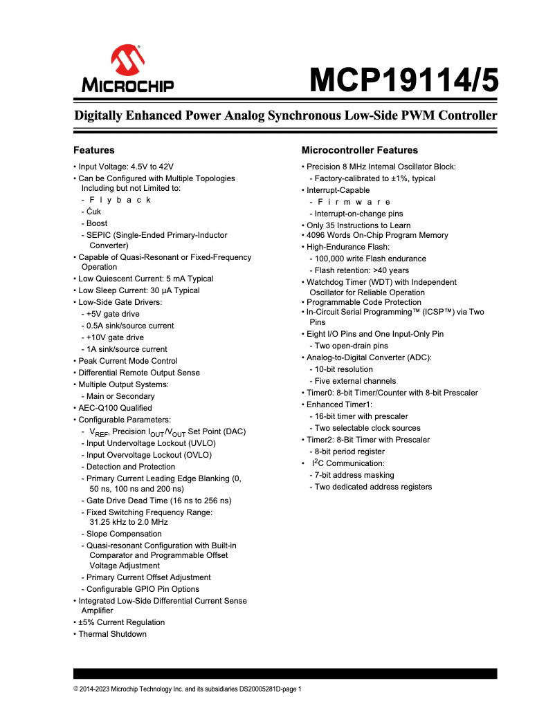 Page 1 de la notice Fiche technique Microchip MCP19115