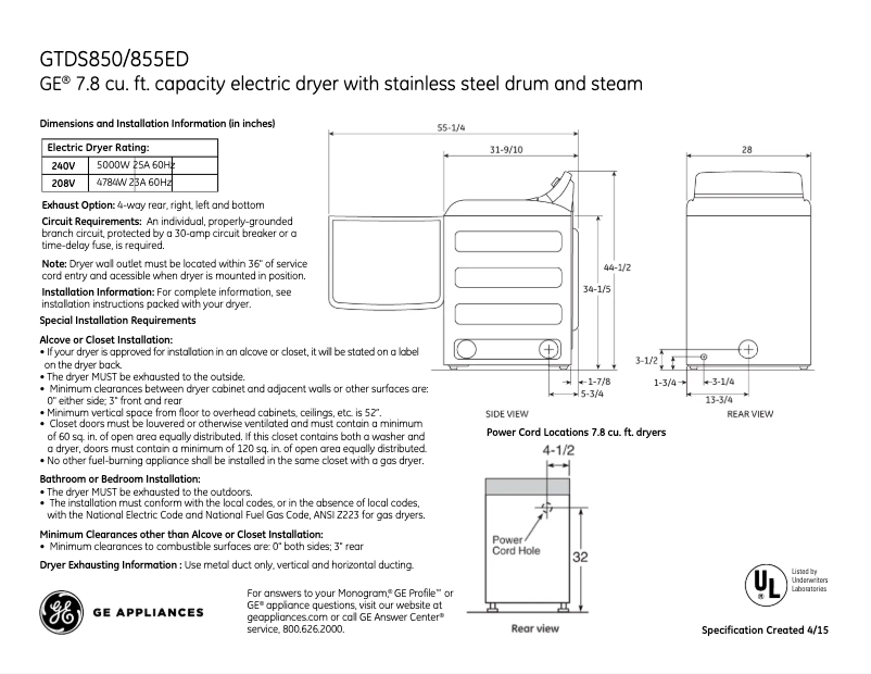 Page 1 de la notice Fiche technique GE GTDS855EDMC