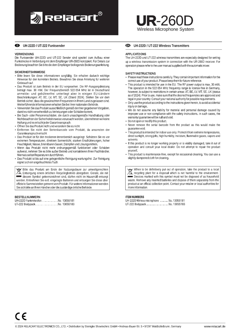 Page n°1 - Manuel utilisateur Relacart UT-222