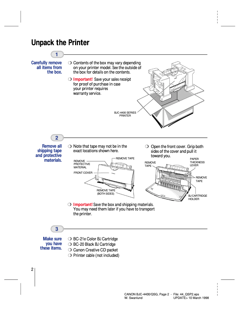 Page n°1 - Guide de démarrage rapide Canon BJC-4400