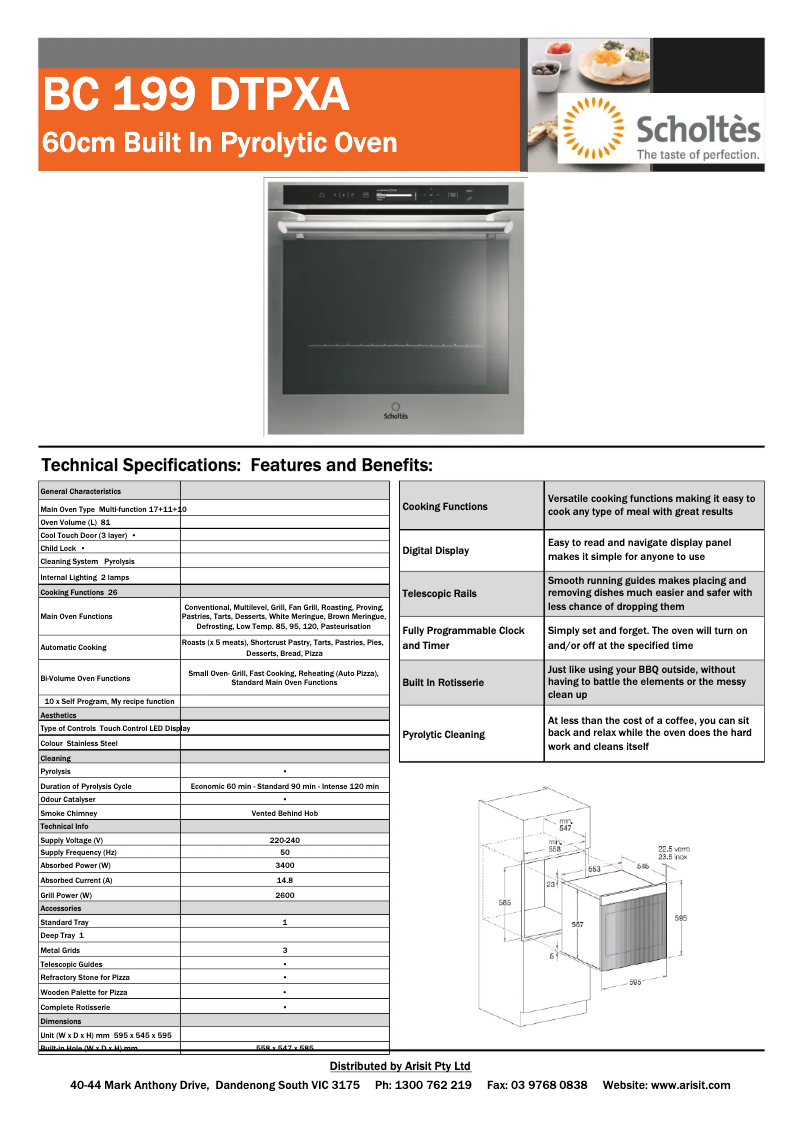 Page 1 de la notice Fiche technique Scholtès BC 199DT P XA