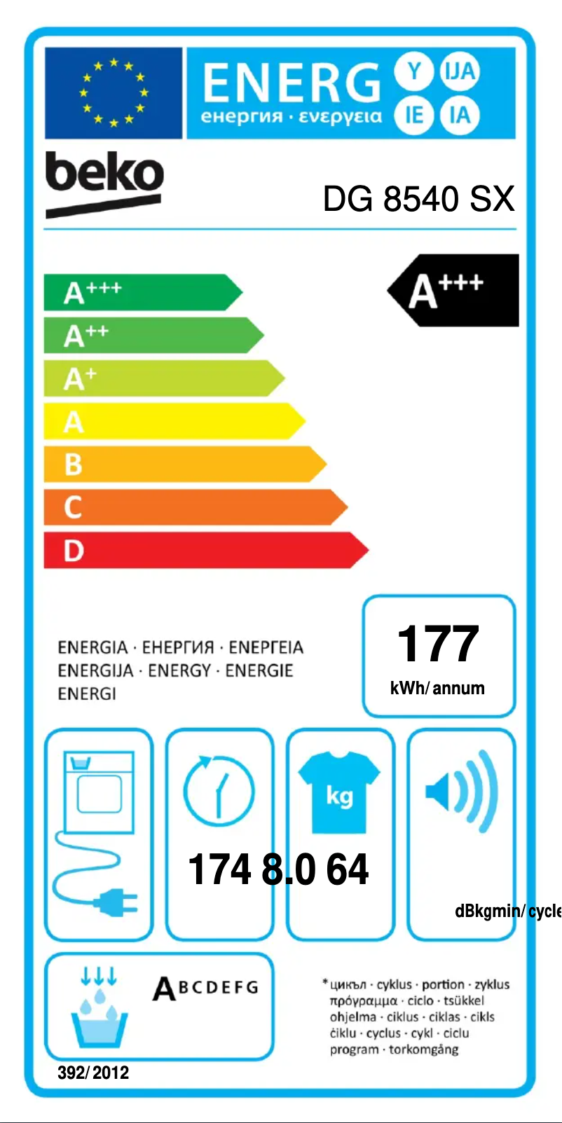 Page n°1 - Label énergétique Beko DG 8540 SX