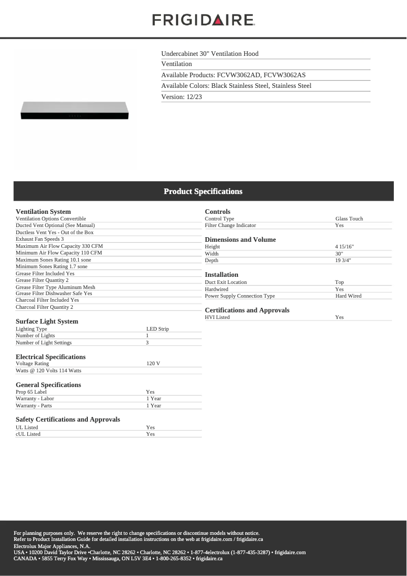 Page n°1 - Fiche technique Frigidaire FCVW3062AD