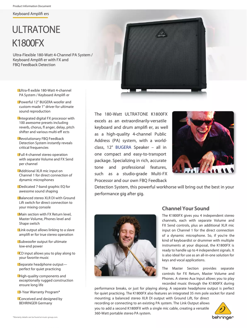 Page 1 de la notice Fiche technique Behringer K1800FX