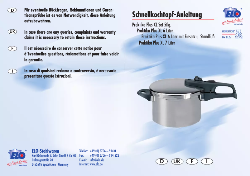 Page 1 de la notice Manuel utilisateur Elo Praktika Plus XL 6L