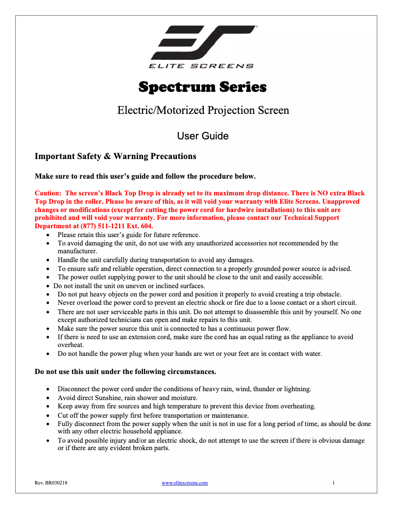 Page 1 de la notice Manuel utilisateur Elite Screens Electric120V