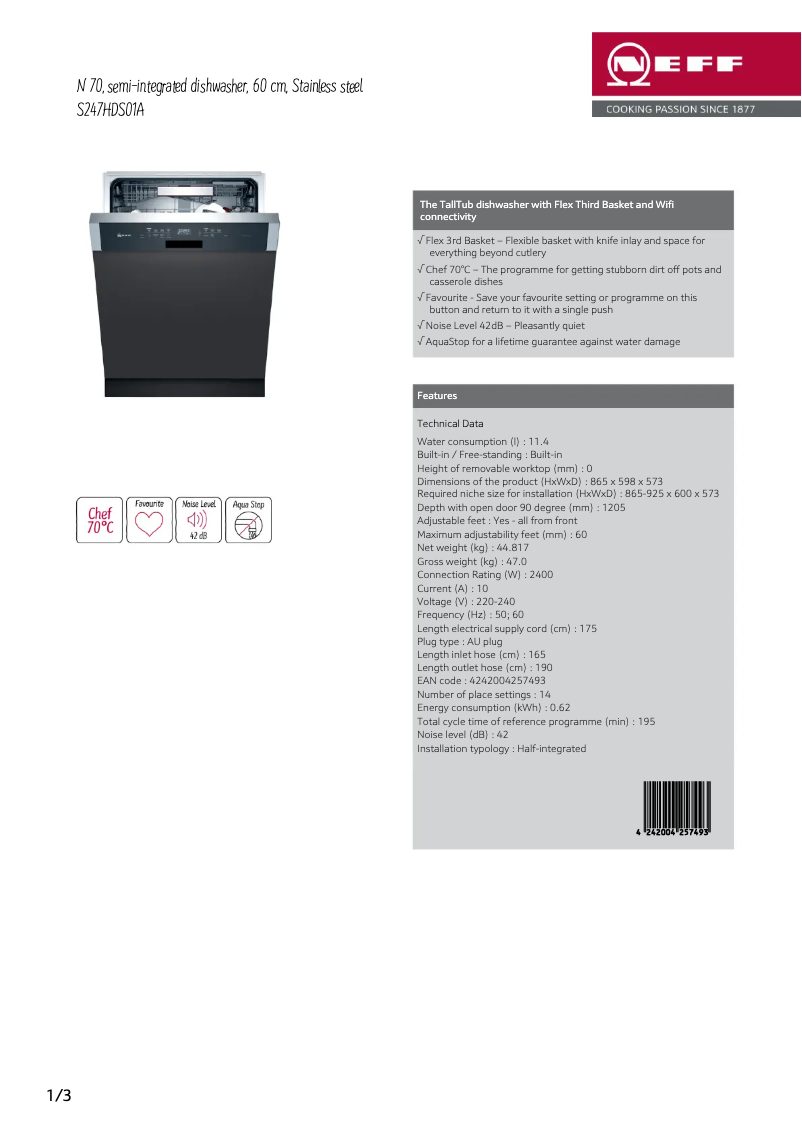 Página 1 del manual Ficha técnica Neff S247HDS01A