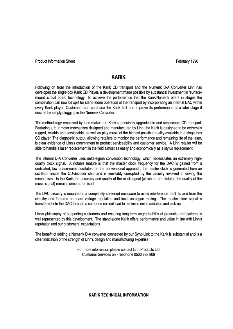 Página 1 del manual Ficha técnica Linn Karik