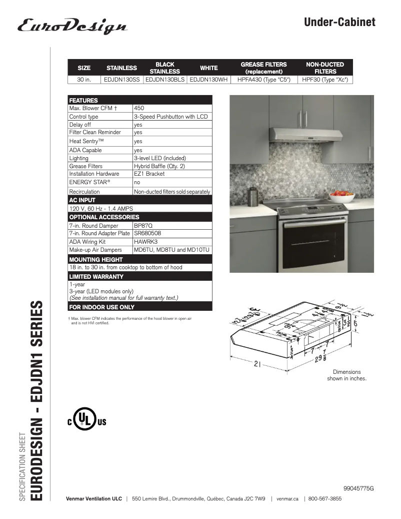 Página 1 del manual Ficha técnica Venmar EDJDN130SS