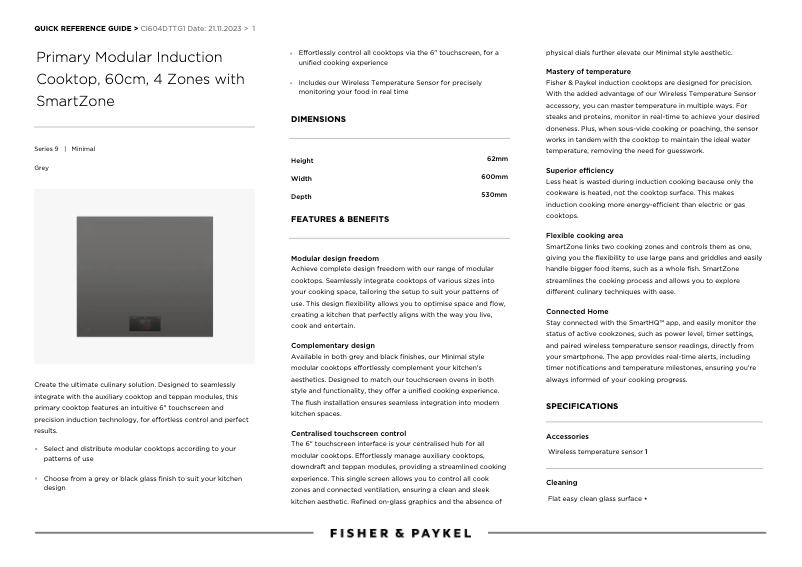 Page 1 de la notice Fiche technique Fisher & Paykel CI604DTTG1