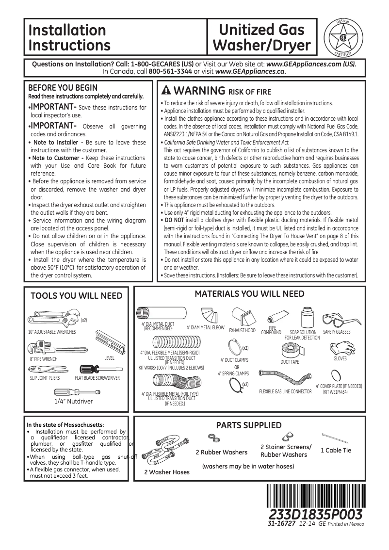 Page 1 de la notice Guide d'installation GE Spacemaker GUD27GSSJWW
