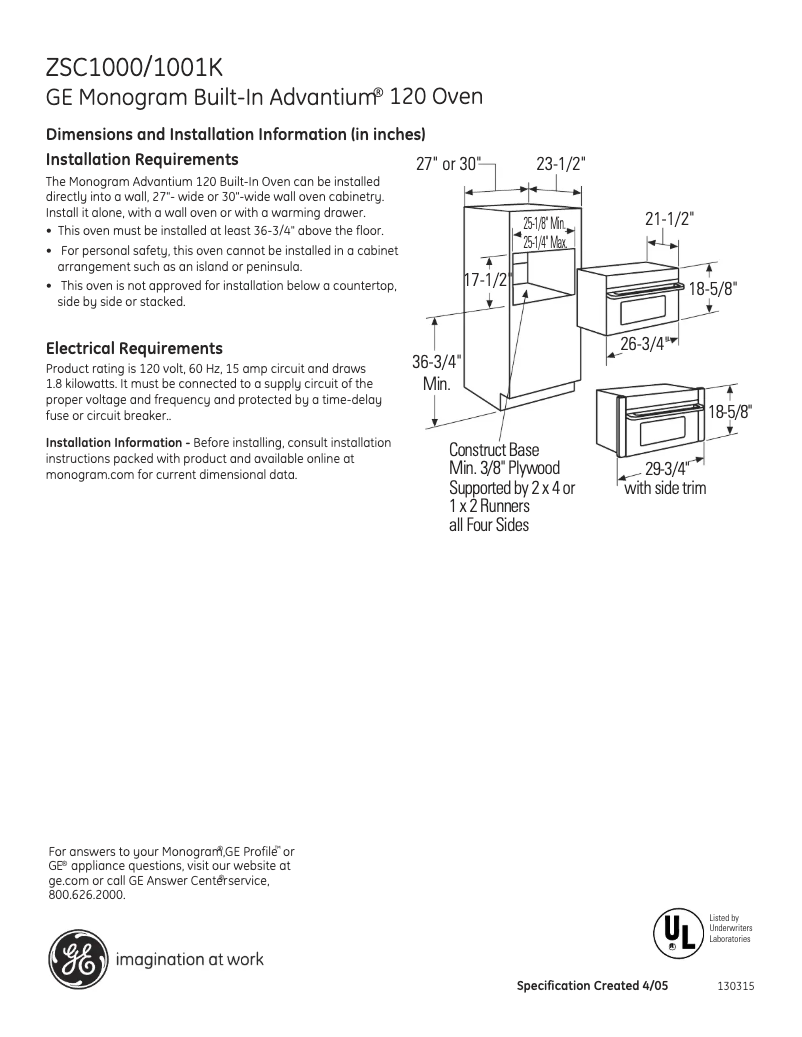 Page n°1 - Fiche technique GE ZSC1000KBB