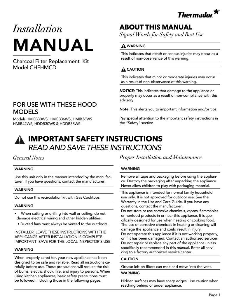Page n°1 - Guide d'installation Thermador CHFHMCD