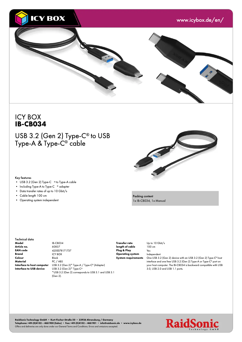 Page 1 de la notice Fiche technique Icy Box IB-CB034