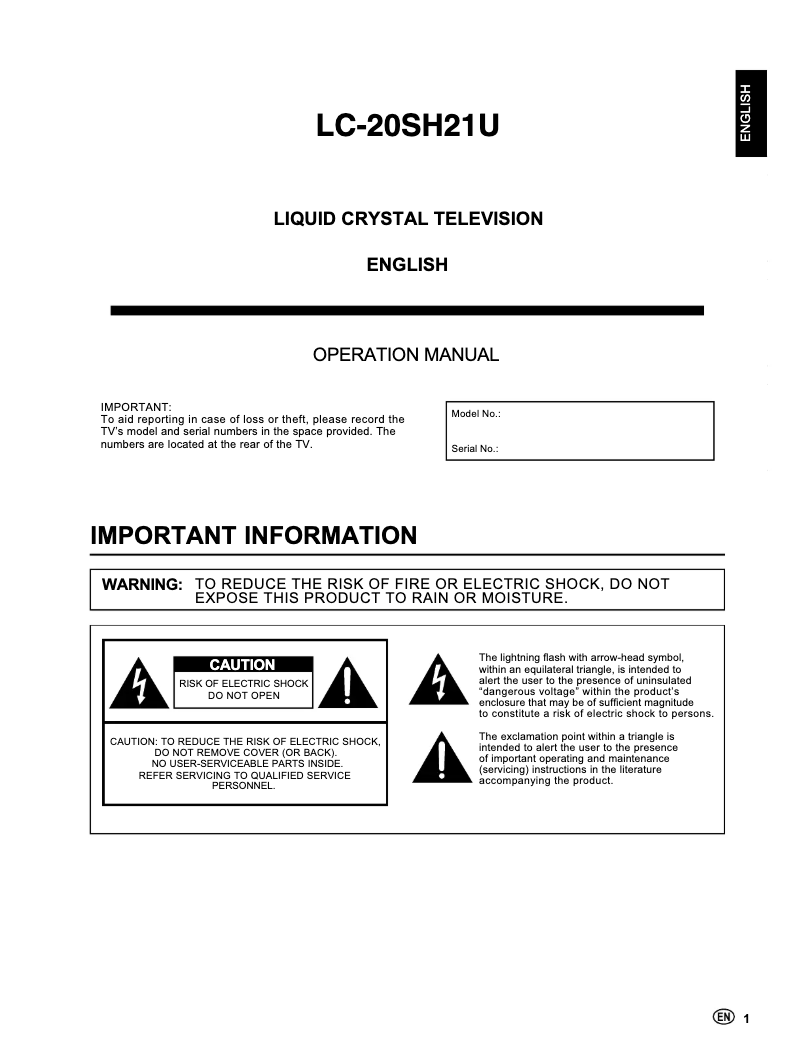 Image de la première page du manuel de l'appareil Aquos LC-20SH21U