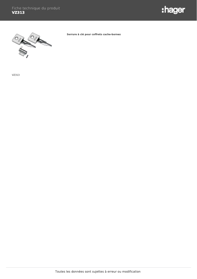 Page 1 de la notice Fiche technique Hager VZ313