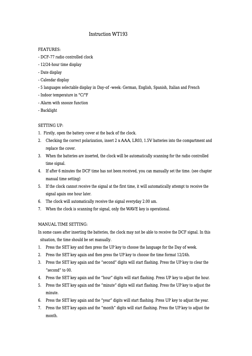 Page 1 de la notice Manuel utilisateur Techno Line WT 193