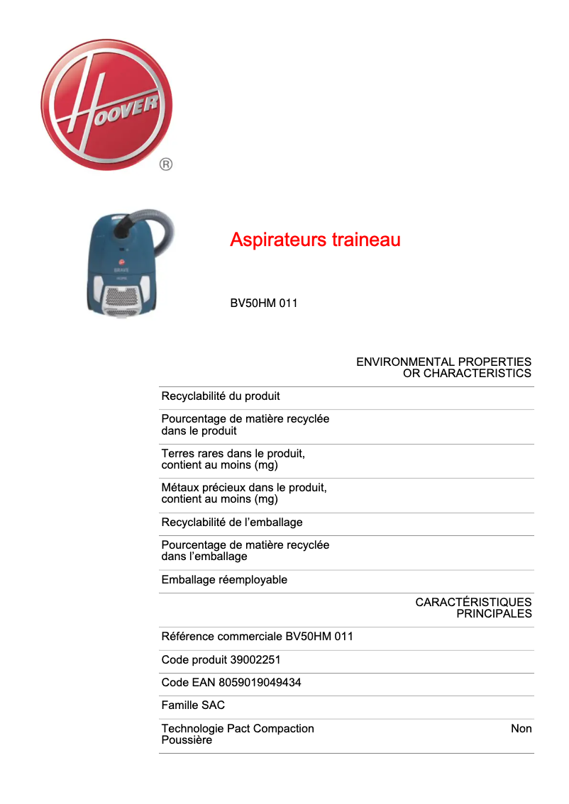 Página 1 del manual Ficha técnica Hoover BV50HM 011