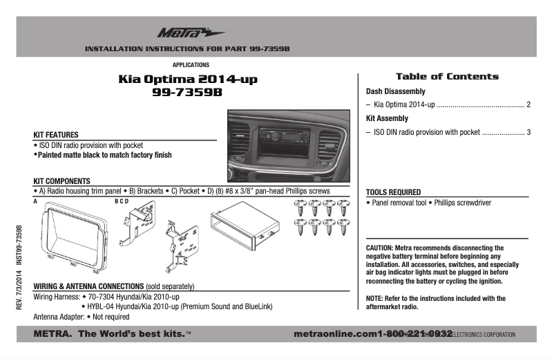Page 1 de la notice Mode d'emploi Metra 99-7359B