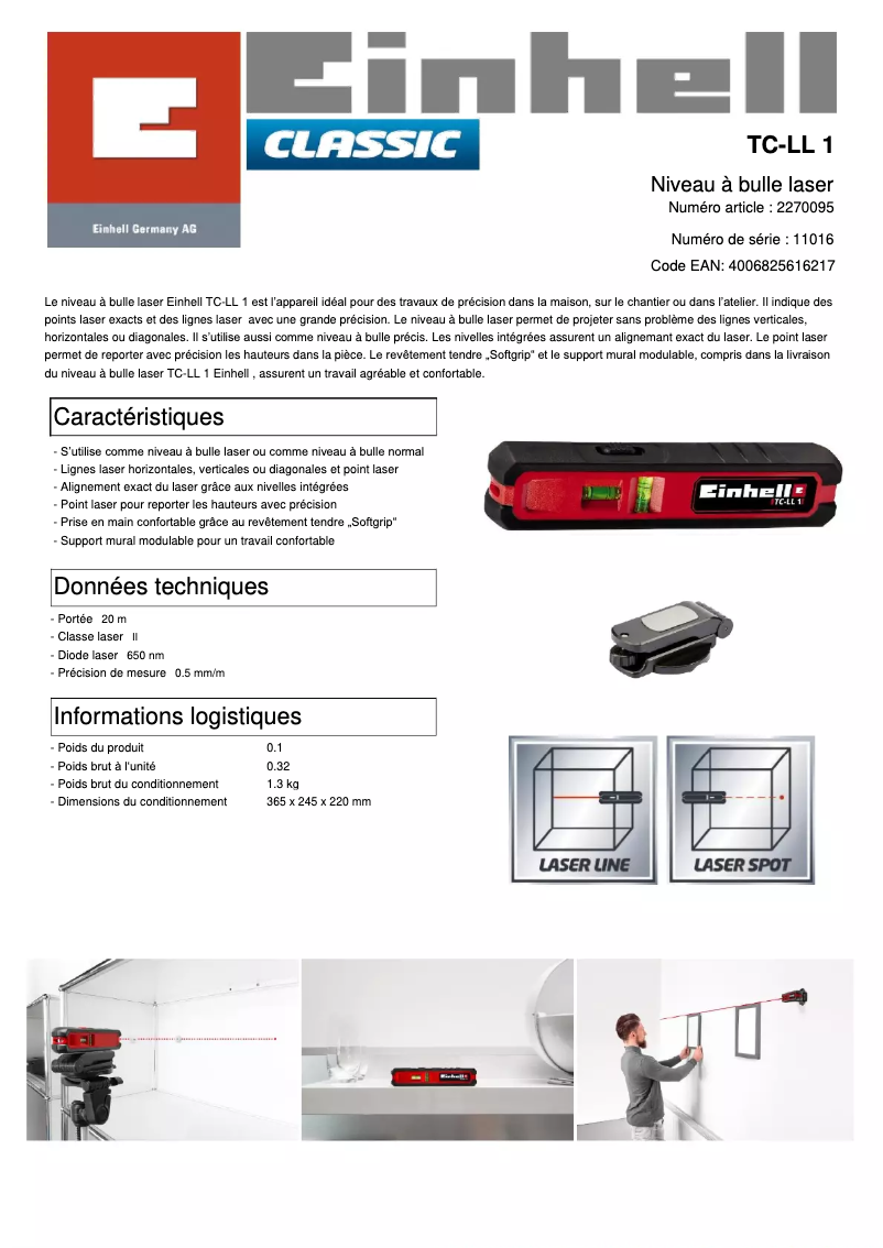 Page 1 de la notice Fiche technique Einhell TC-LL 1