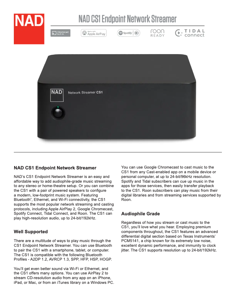 Page 1 de la notice Fiche technique NAD CS1