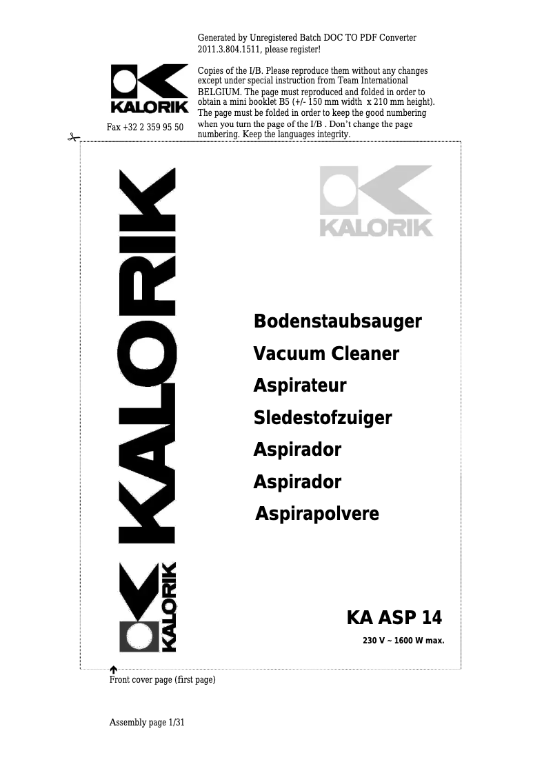 Page 1 de la notice Manuel utilisateur Kalorik KA ASP 14