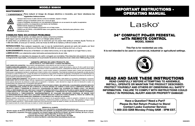 Page 1 de la notice Manuel utilisateur Lasko S08600
