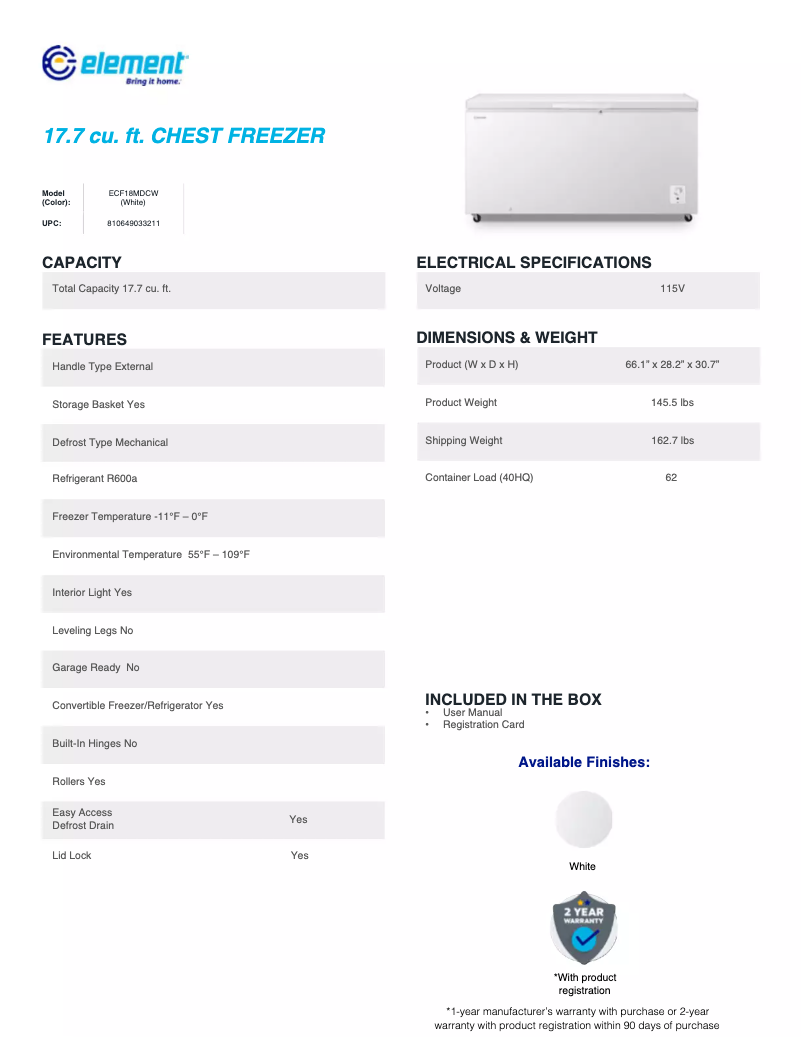 Page 1 de la notice Fiche technique Element ECF18MDCW