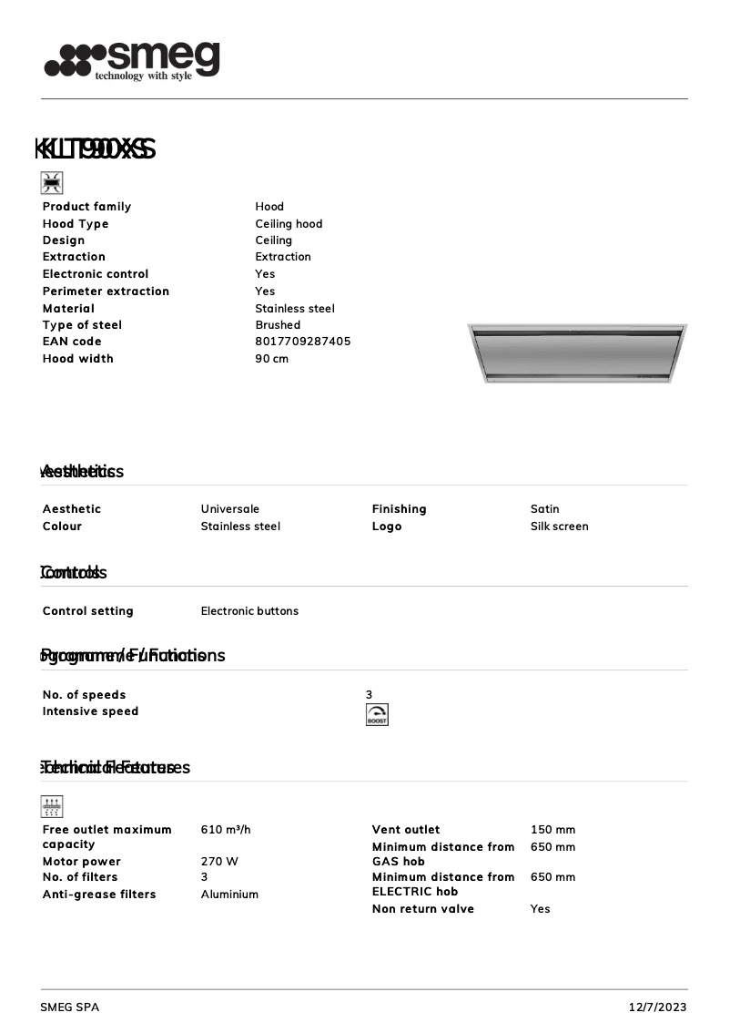 Page n°1 - Fiche technique Smeg KLT90XS