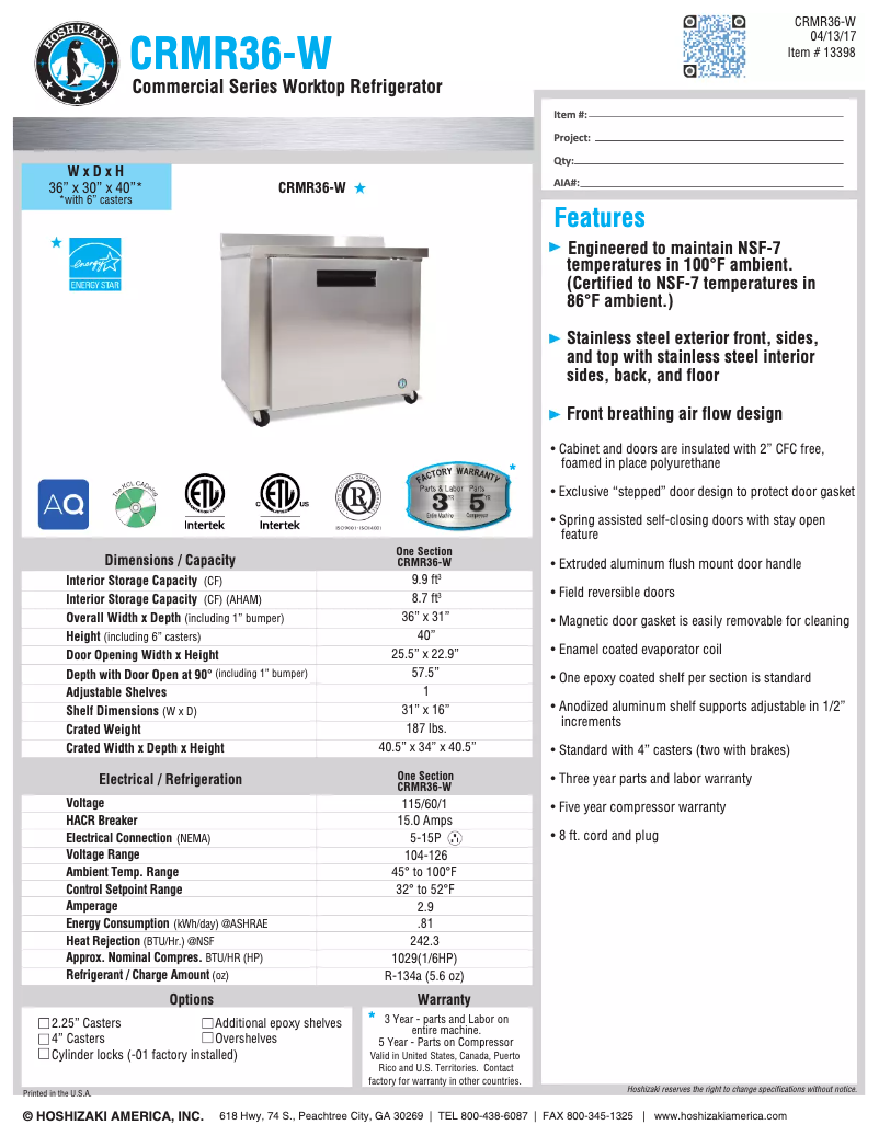 Page 1 of the manual Technical Sheet Hoshizaki Commercial CRMR36-W