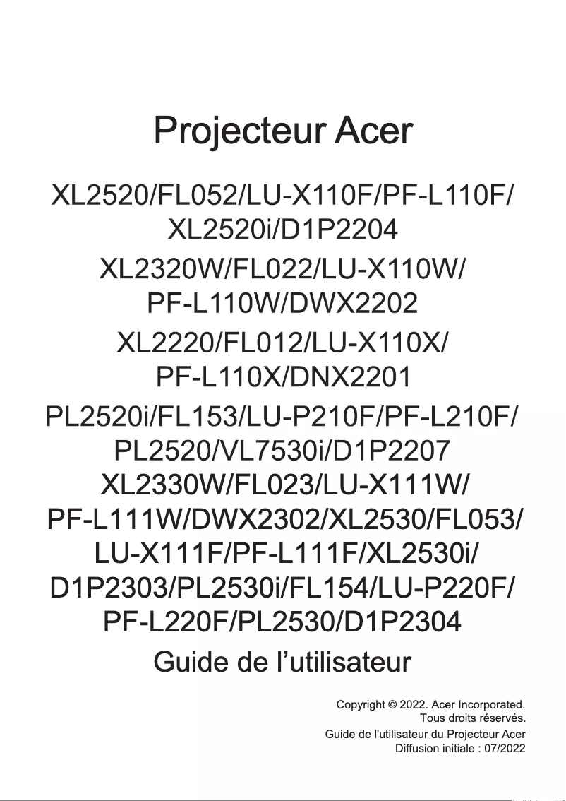 Page 1 de la notice Manuel utilisateur Acer PL2530i