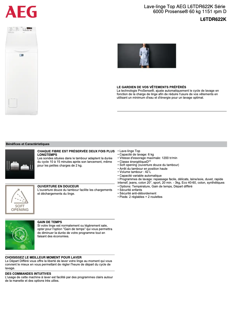 Page n°1 - Fiche technique AEG L6TDR622K