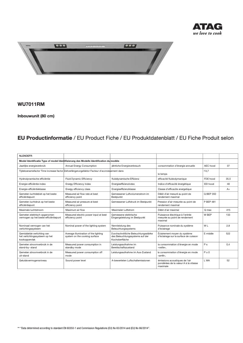 Page 1 de la notice Fiche technique Atag WU7011RM