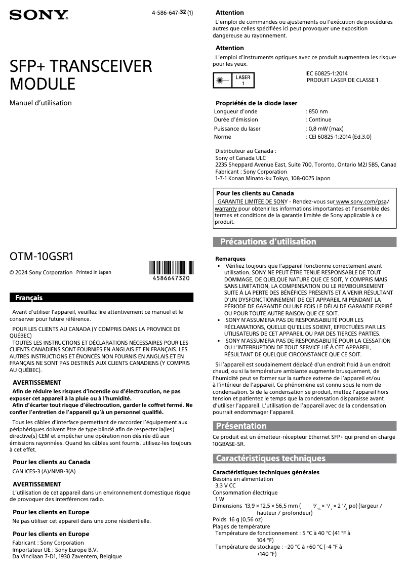 Page 1 de la notice Manuel utilisateur Sony OTM-10GSR1